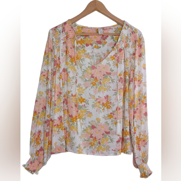 Joie Vivette Pink Orange Size L Smocked Tassel Tie Keyhole Peasant Boho Top - Picture 3 of 12